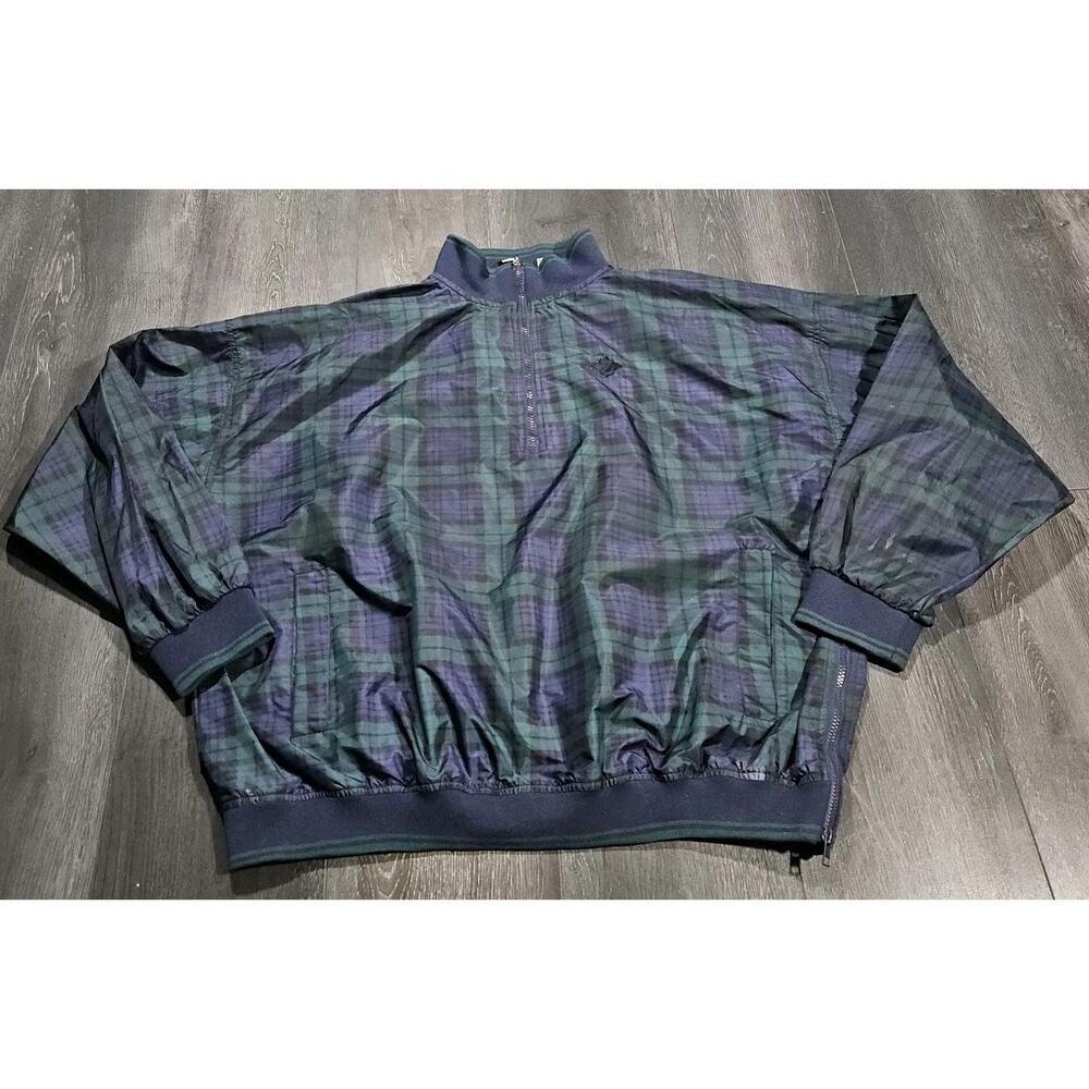 VTG Jerzees Black Watch Plaid Windbreaker Jacket Men 2XL Green 1/4 Logo‎ 90s 80s